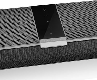 Bowers & Wilkins Panorama 3 black soundbar, front view, metallic grille, central touch screen with controls
