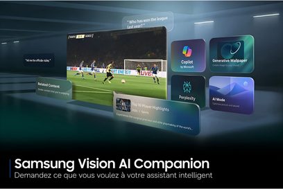 Samsung TQ55S95H-tv, der viser en fodboldkamp med Vision AI Companion-grænseflade og svævende paneler