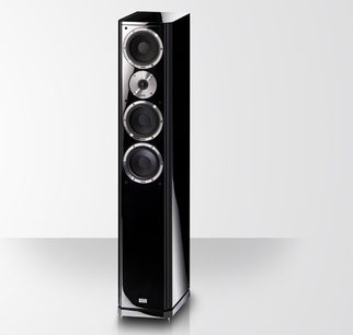 Sloupcový reproduktor Heco Celan Revolution 9 v černém laku, pohled zepředu, 3 viditelné reproduktory, lesklý černý kryt