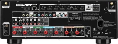 Denon AVR-X2600H DAB sort hjemmebiografsforstærker, bagside, tæt centreret udsigt, mange lyd/video-stik