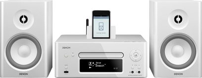Mini sistema de áudio Hi-Fi Denon CEOL N7 branco, vista frontal, composto por duas caixas acústicas e um leitor de CD com tela sensível ao toque