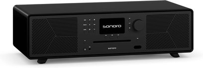 Sonoro Meisterstück (gen 2) alt-i-en sort mat lydanlæg, frontvisning med LCD-skærm, knapper og højttalere