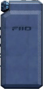FiiO BTR17 trådløs sender blå, rektangulært metallkabinett med teksturert overflate i imitert skinn, rillet dreiehjul på øvre venstre hjørne, lydporter på toppen, sett forfra