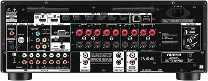 Domácí kino Onkyo TX-NR7100 v černé barvě, přední pohled, čelní pohled, mnoho audio/videovstupů, tlačítka a ovládací knoflíky
