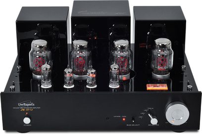 Line Magnetic LM-88IA sort hi-fi rørforstærker, frontvisning, 6 vakuumrør, knapper og stik på forsiden