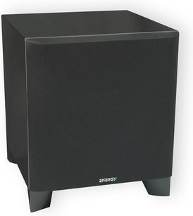 Energi ESW-V8 sort mat subwoofer, perspektivisk forfra, kubisk form med afrundede hjørner