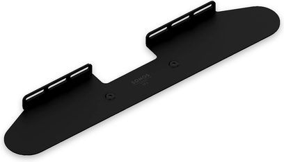 Czarny matowy plastikowy uchwyt ścienny Sonos do Beam, widok z góry, wydłużony zakrzywiony kształt z dwoma mocowaniami