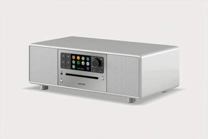 Sonoro Prestige silver digital radio, front view, with color display, buttons, and front-facing speaker