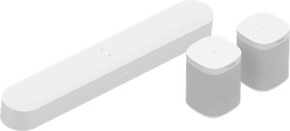 Sonos Beam-soundbar og tre hvide Sonos One (Gen 2) højttalere, set forfra og i trekvartprofil på hvid baggrund