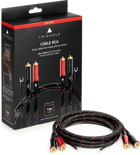 RCA stereo kabelis Triangle Red Series, 1 m, melns pīts, ar sarkaniem un melniem pozicionētiem apzeltītiem savienotājiem un phono zemējuma kabeli