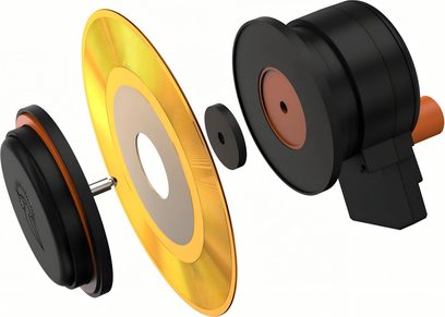 HumminGuru EZ WASHER pladevasker i eksploderet visning med gylden vinylplade og sort-kobberfarvede moduler