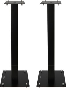 Přední pohled na základnu Enova HIFI MAJESTY 80 BL, 2 černé vertikální stojany, čtvercové desky, kovové upevnění