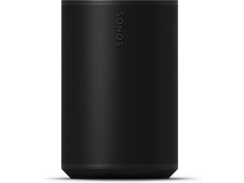 Black cylindrical Sonos Era 100 SL smart speaker, front panel with large perforated metal grille