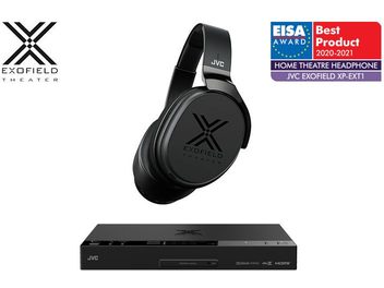 JVC XP-EXT1 sort hi-fi hovedtelefoner, sort, set fra siden og forfra, med Exofield Theater-logo på ørekopperne