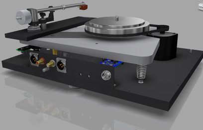 Gramofon Thorens TD 1601 v černém laku, pohled shora v perspektivě, rameno, talíř, ovládací prvky a konektory