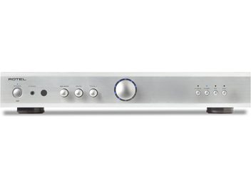 Silver Rotel A8 integrated stereo hi-fi amplifier, front view, circular buttons, central dial, black feet, metallic finish