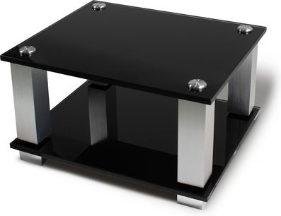 Czarna i aluminiowa szafka hi-fi Norstone Design Square, 4 nóżki, 2 półki, górna szklana półka