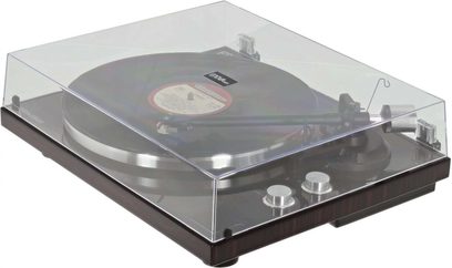 Enova HIFI Vision 4 USB pladespiller i mørk valnød, set ovenfra, med gennemsigtig låg, tonarm og sort pladebakke