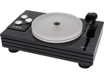 Hi-fi грамофон Music Hall MMF 11.3 черен, изглед отгоре под ъгъл 3/4 отпред вдясно, светлосив кръгъл плотер, черно рамо на тонармата
