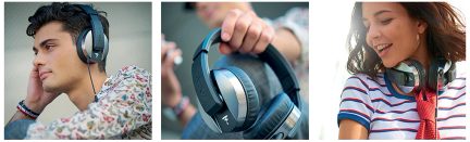 Três pessoas usando fones de ouvido de diferentes tipos e cores, vistas de perfil ou três quartos