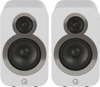 Regálové reproduktory Q Acoustics 3020i bílé, pohled zepředu, dva černé kruhové reproduktory na bílé čelní straně