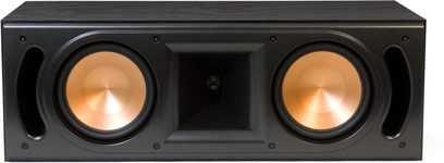 Klipsch RC-62 MkII sort centerkanal, set forfra, med to mellemtone-/basenheder og en diskantkegle mellem to bassportåbninger