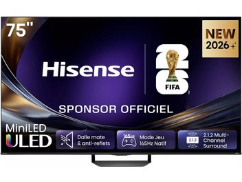 Televisor Hisense 75U7S PRO 2026 de 75 pulgadas, vista frontal, borde fino y pie central, visual FIFA violeta