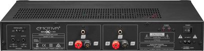 Emotiva BASX A-150 stereoeffektforstærker, frontvisning, sort front med knapper, stik og røde indikatorlys