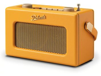 Radio da tavolo Roberts Revival Uno BT gialla, custodia rettangolare rivestita in similpelle granulata con ampia griglia metallica dorata sul frontale, vista in tre quarti anteriore destra che mostra i pulsanti grigi, l'antenna cromata ripiegata e la cinghia laterale coordinata