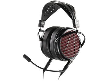Casque audio ouvert Audeze LCD-GX noir, grille métallique rouge sur les oreillettes, arceau rembourré, microphone amovible