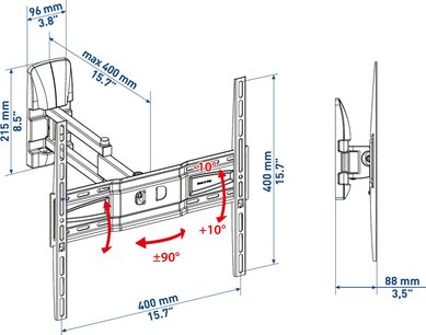 Teknisk diagram med dimensioner for en drejelig Meliconi GS 400DR vægbeslag til TV i metal, der giver mulighed for 90° rotation og 10° hældning
