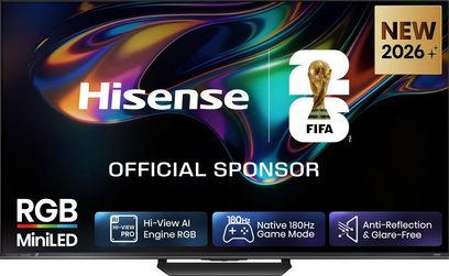 Hisense 55UR8S-tv set forfra, skærm med tynd ramme med abstrakt flerfarvet motiv og central fod