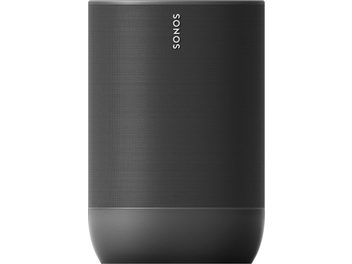 Bezdrátový chytrý reproduktor Sonos Move černý, detailní pohled zepředu, černá mřížka, bílé logo, válcový tvar