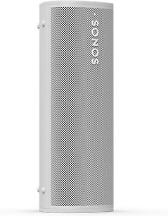 Sonos Roam Lunar White Bluetooth speaker front view, white perforated grille, Sonos logo