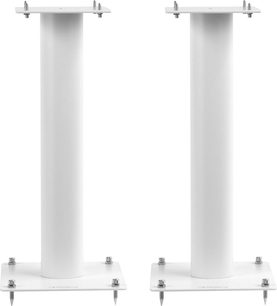 To Norstone Design Stylum 1 høyttalerstativer i sateng hvit, sylindrisk form, 60 cm høye, med metallplater på endene