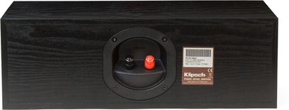 Klipsch RC-42 II Black centralhøjttaler, set forfra, med sorte og røde højttalere på en rektangulær, mørkebrun trækabinetboks