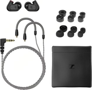 Sennheiser IE 200 in-ear hovedtelefoner, sorte øretelefoner, grå flettet kabel, L-formet stik, 9 sorte ørepropper, sort etui