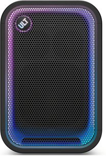 Bærbar Bluetooth-høyttaler Sony ULT TOWER 5 i svart, sett forfra, med gitter opplyst i lilla og blått fargeskift