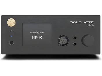 Preamplificador de auriculares de alta fidelidad HP-10 negro, panel frontal rectangular, botón giratorio a la derecha, conexiones y pantalla central.