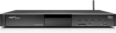 Odtwarzacz sieciowy audio Zappiti Player Muse Edition Phase 2 w kolorze czarnym, widok z przodu, z aluminiową szczotkowaną przednią obudową i wyświetlaczem LCD