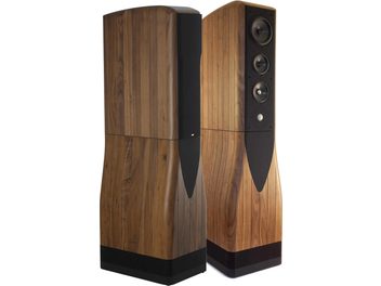 Chario Academy Serendipity floorstanding speaker in satin brown walnut, black front panel housing three aligned drivers and a tweeter, sculpted central curvature and black base, shown in three-quarter front and side view
