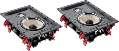 Paar schwarze Focal 300 IW6 Wandeinbaulautsprecher, helle Membranen und rote Befestigungen