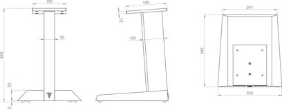 Focal Pied Chora Center højttalerfod, teknisk diagram med dimensioner i millimeter, set forfra, fra siden og oppefra