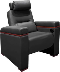 Oray ZOOM wall-hugging 1-motor cinema chair in black leather, high reclining backrest, armrests and footrest, three-quarter view