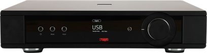 Ampli stéréo noir, façade brillante avec affichage USB, trois boutons frontaux et grande molette de volume, vue de face