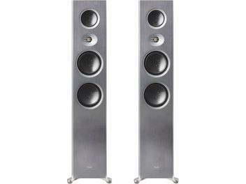 Paire d’enceintes colonnes T+A Talis S 330 argent, vues de face, avec haut-parleurs noirs et pieds évasés