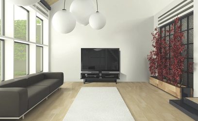 Sortbrun og lyst træ TV-møbel, to hængende lyskuler, gråt sofa, store vinduer, lyst trægulv, rød plante