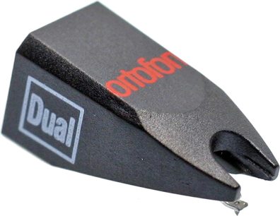 Diament do wkładki gramofonowej Ortofon STYLUS DUAL DN 165 E, widok perspektywiczny, czarne korpus, czerwone i białe napisy