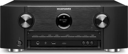 Marantz SR6014 sort home cinema-forstærker set forfra, børstet aluminiumsfront, blåt LCD-display, knapper og stik på forsiden