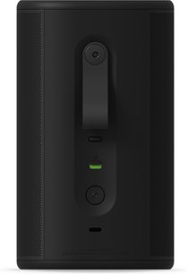Black portable Bluetooth speaker, rear view, with central handle and vertically aligned control buttons